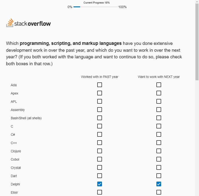 2023 Stack Overflow Developer Survey includes Delphi place your vote